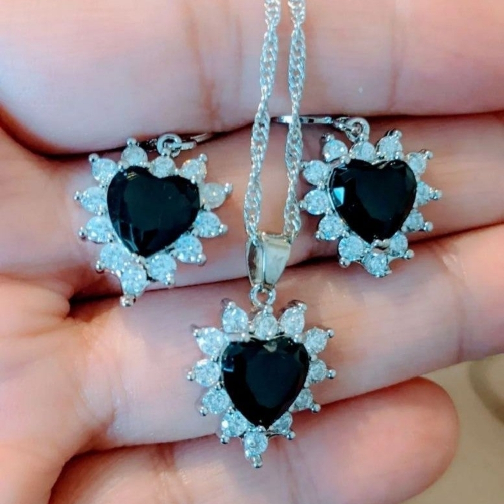 Sterling Silver filled and Cubic Zirconia Hearts Jewelry Sets Necklace Earrings.